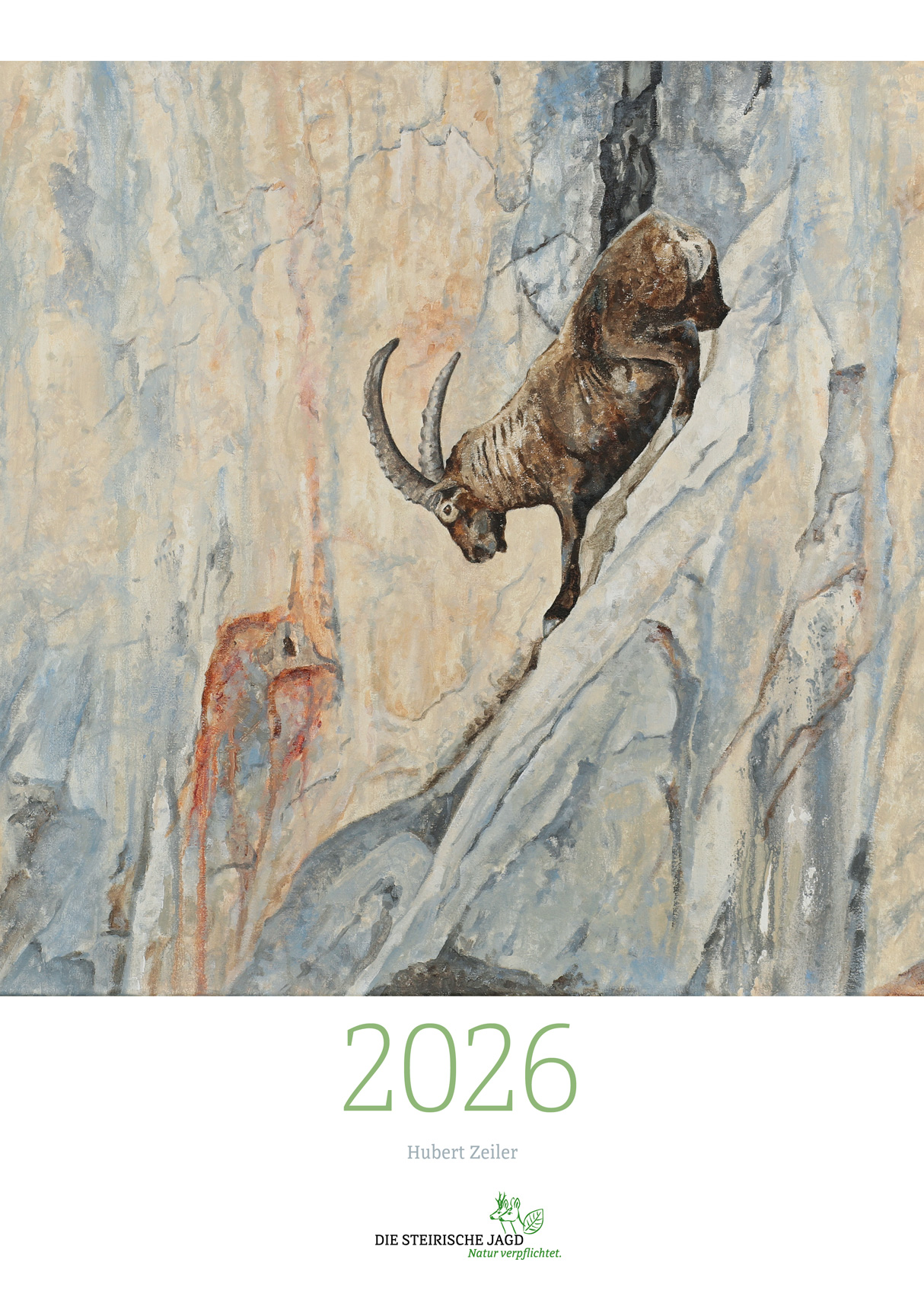 Titelblatt des Dr. Hubert Zeiler Kunstkalenders 2026 Steinbock in der Felswand