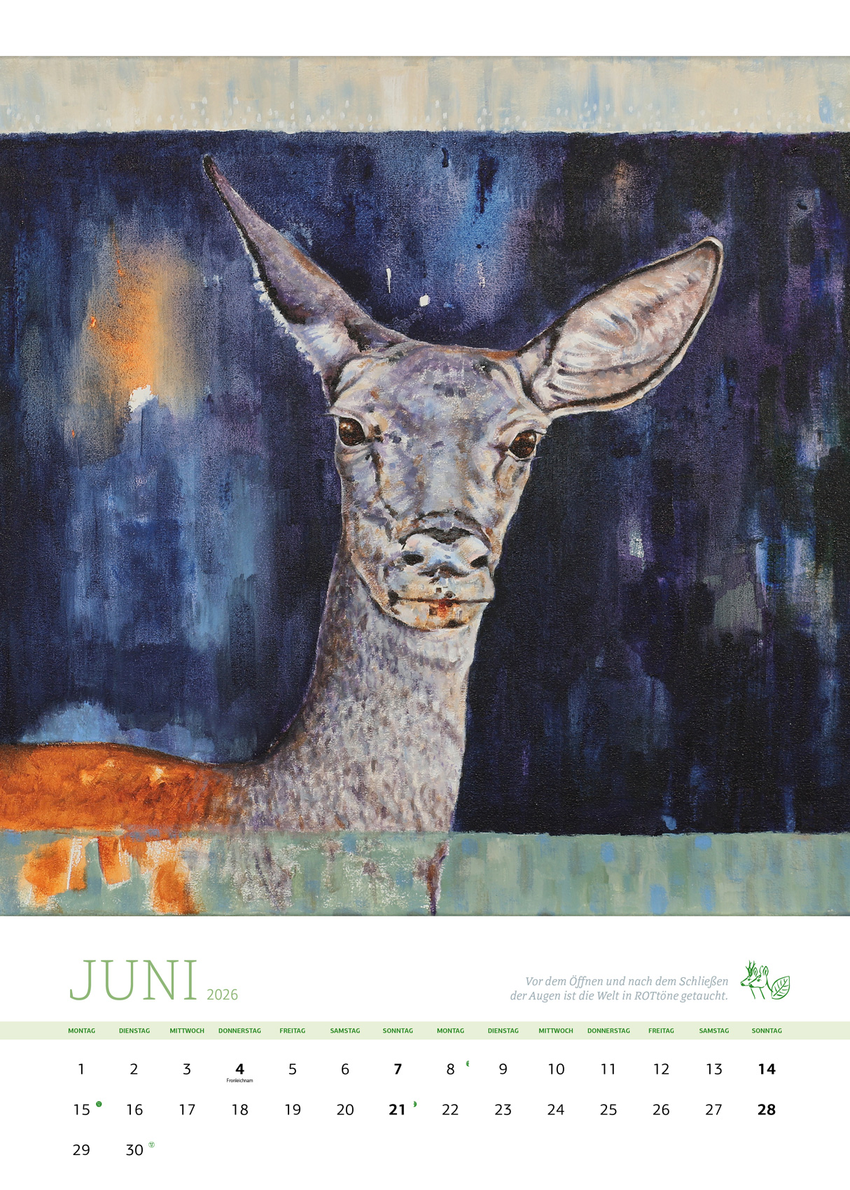 Kalenderblatt Juni 2026 Kunstkalender Dr Hubert Zeiler Tier im Portrait
