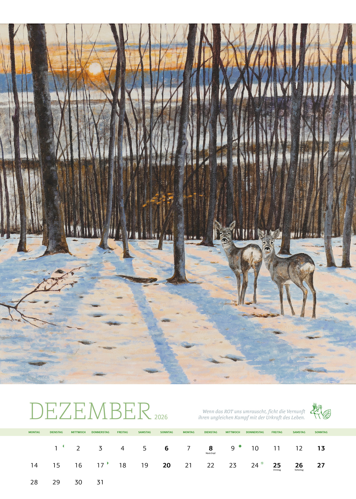 Kalenderblatt Dezember 2026 Kunstkalender Dr Hubert Zeiler Rehe im Schnee