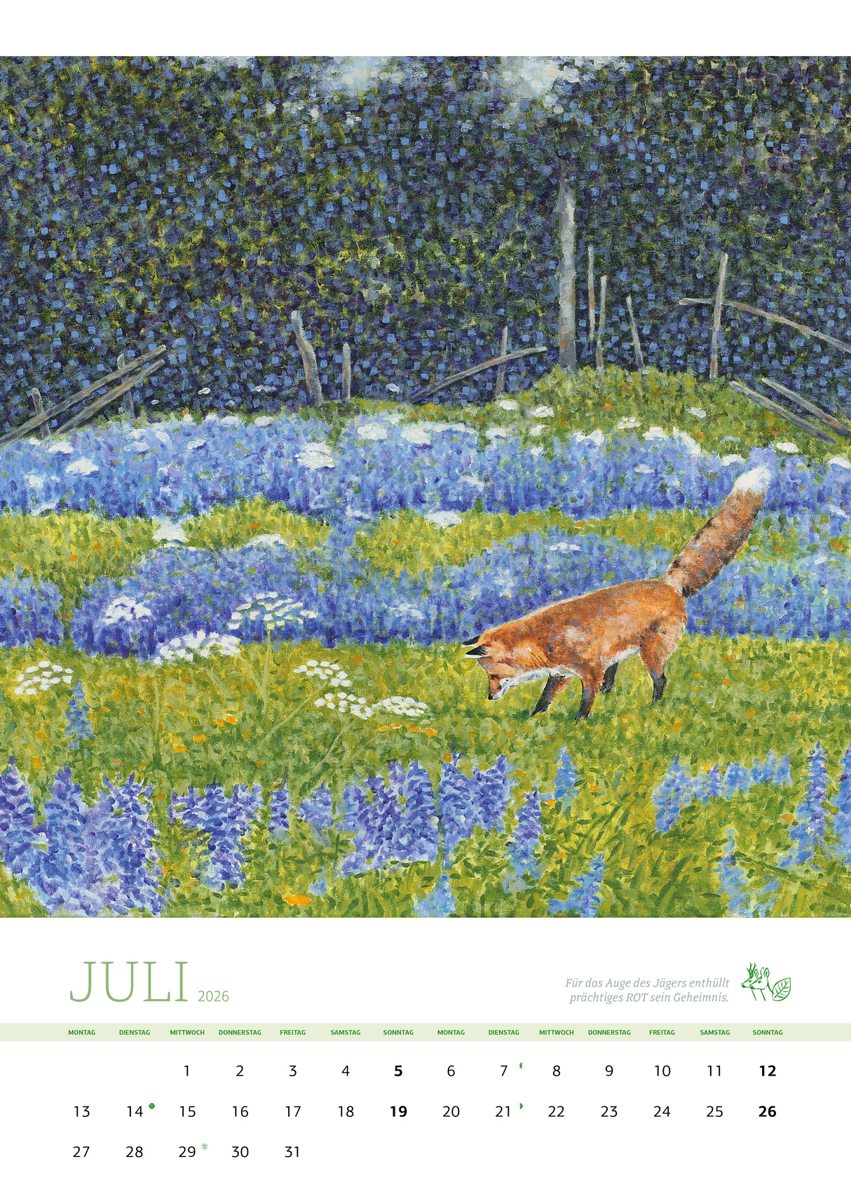 Kalenderblatt Juli 2026 Kunstkalender Dr Hubert Zeiler Fuchs im Wiesensalbei