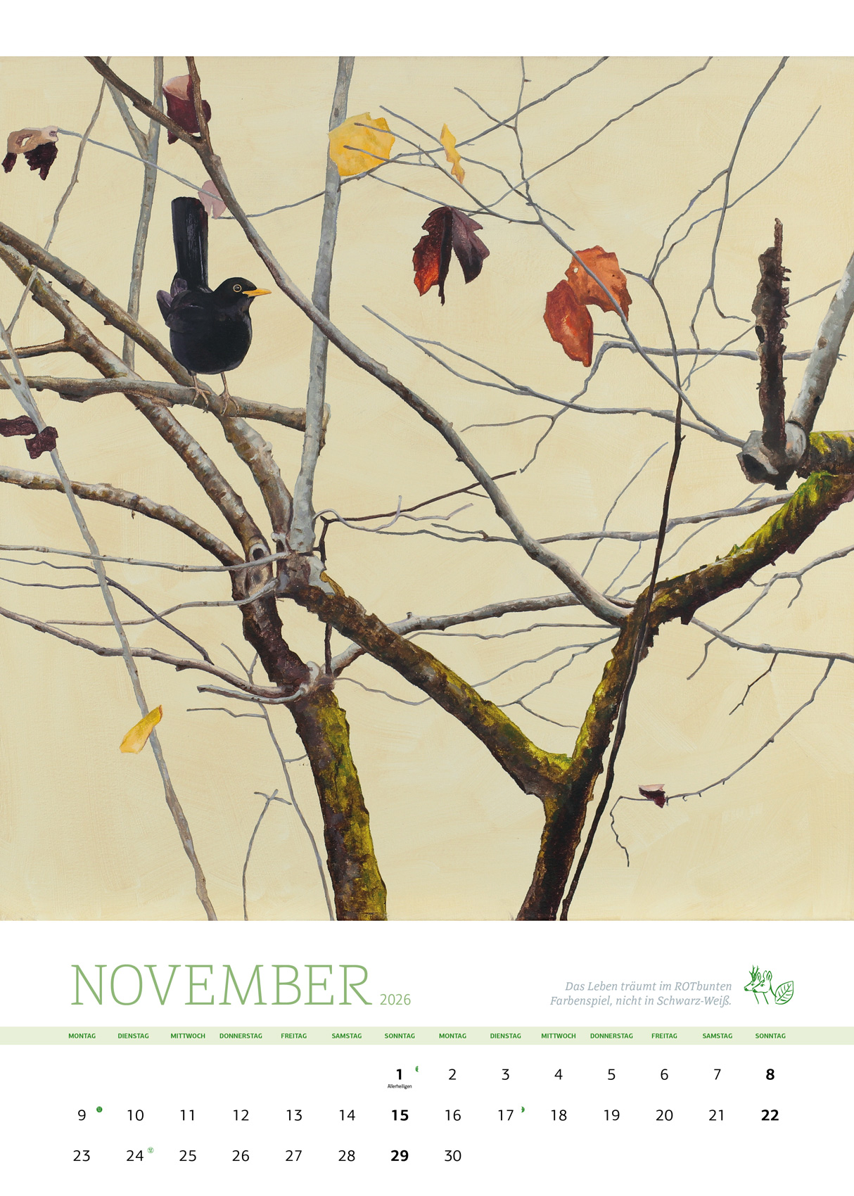Kalenderblatt November 2026 Kunstkalender Dr Hubert Zeiler Amsel im Strauch