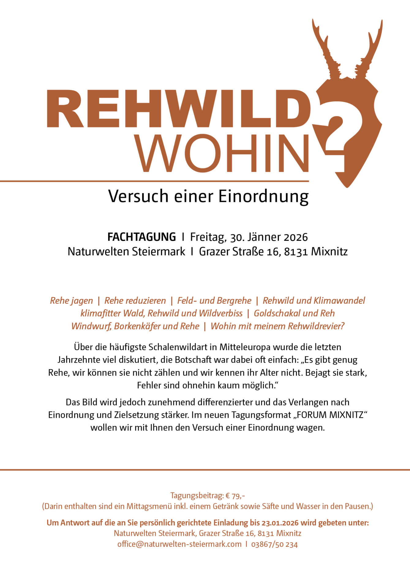 Das Deckblatt der Einladung für die Fachtagung namens Rehwild wohin.